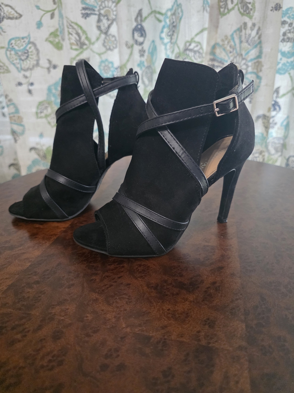 Christian Siriano for Payless Black Faux-Suede Strappy Peep-Toe Heels